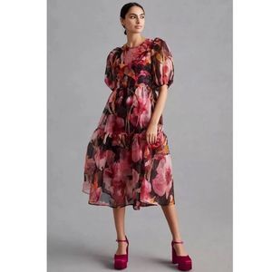 Anthropologie Puff-Sleeve Organza Midi Dress Size L